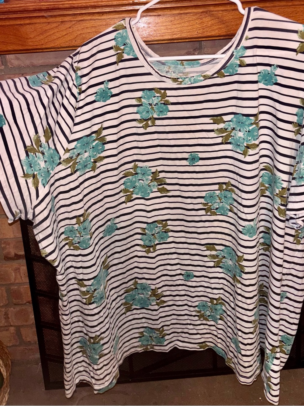 Woman Within White & Black Striped Tee with Teal Floral Print